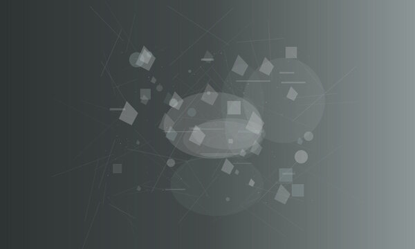 Abstract geometric composition with translucent squares and lines on gray gradient shapes circles