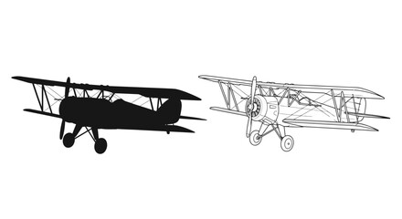 Two depictions of a vintage biplane one solid black and one outlined © Siam Studio