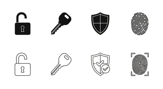 Security icons depicting locks keys shields and fingerprint scanning
