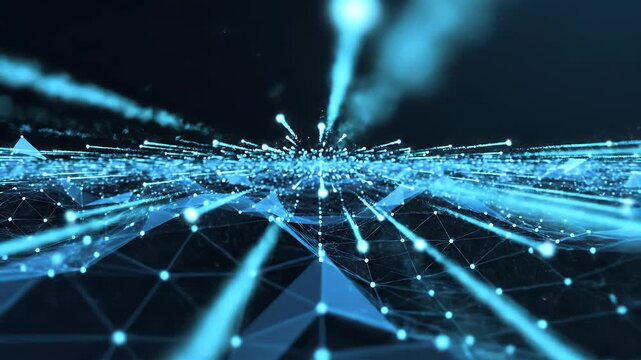 A futuristic abstract visualization depicts a complex network of interconnected nodes and lines, suggesting data flow and digital connectivity against a dark background.