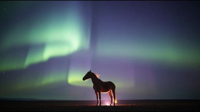 A cinematic scene of a real horse standing in an open landscape under a soft aurora-like sky
