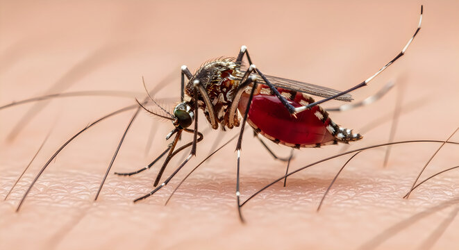 Close-up view of a mosquito resting on a surface.
