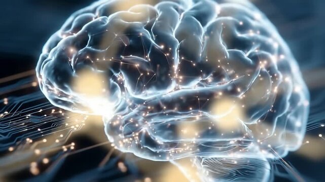 A translucent blue brain-like form with glowing orange neural connections, floating in a dark, high-tech space; a futuristic, data-driven depiction of artificial intelligence