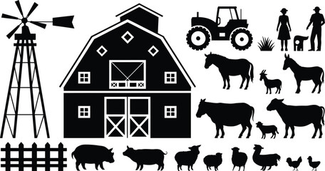 Naklejka premium Farm animals barn windmill tractor and people silhouettes