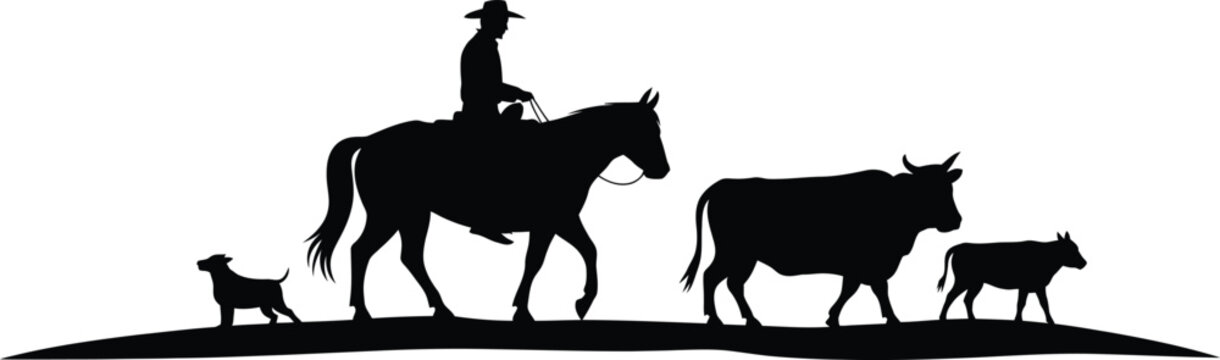 Cowboy on horse with cattle and dog silhouette calf