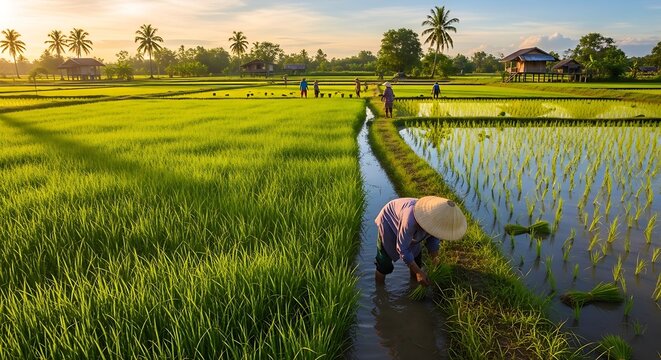 Farmers working in rice fields under a bright sky with palm trees