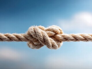Fototapeta premium Intricate knot tied with a rope against a clear blue sky, symbolizing connection.