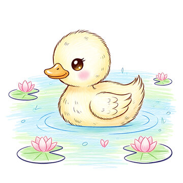 Cute cartoon duckling floating on a pond with water lilies and hearts.