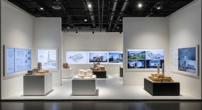 Modern exhibition hall showcasing architectural models and design blueprints on illuminated display panels.