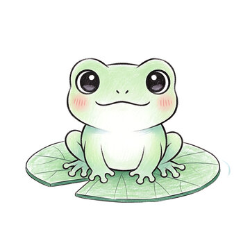 Cute cartoon frog sitting on a lily pad with a happy expression.