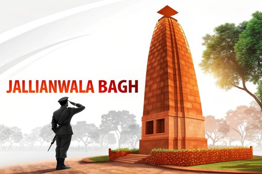 Soldier saluting jallianwala bagh memorial honoring martyrs of 1919 tragedy.