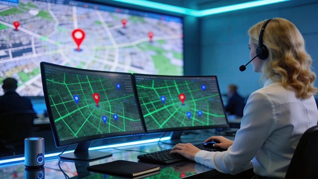 Female operator monitoring GPS tracking system on dual screens in modern control room with large map display and neon lighting for logistics or security management