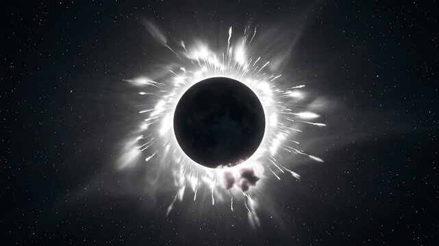 Cinematic 3D animation of a total solar eclipse with powerful glowing solar flares and coronal mass ejections in deep space