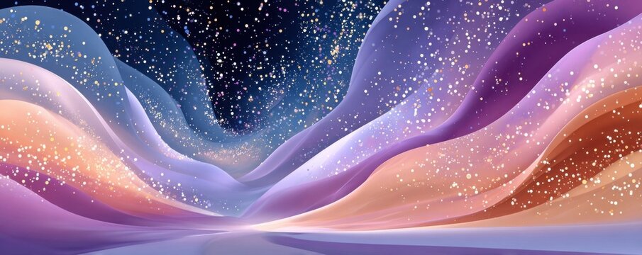 Dreamy abstract purple and blue landscape with flowing waves, glowing stars and soft light