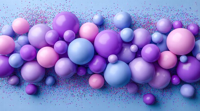Abstract composition of colorful spheres and confetti on a light blue background.