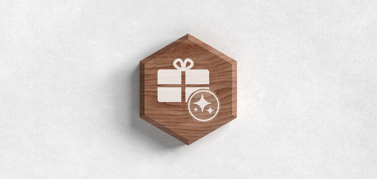 KI K&uuml;nstliche Intelligenz Geschenk Paket Header Sparkles Icon auf Holz Personalisierung E-Commerce Shopping Innovation Technologie Zukunft &Uuml;berraschung Logistik Grafik