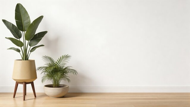 Two green potted plants in modern pots on light wooden floor against white wall minimalist interior design natural home decor empty copy space for text clean contemporary room
