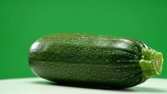 Fresh green zucchini vegetable isolated on a vibrant green background, ready for healthy cooking.