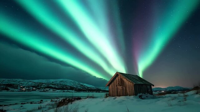 Snowy landscape with a weathered wooden cabin beneath the aurora borealis; green and blue lights swirl across the starry night as distant mountains loom