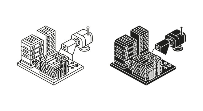 Isometric server room vector illustration, data center hardware with security camera, network infrastructure and cloud computing storage concept