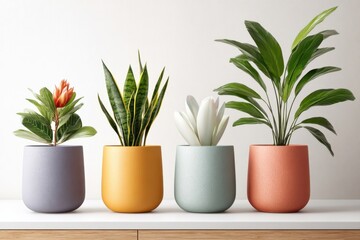 Fototapeta premium Row of colorful potted plants on a white table with modern ceramic planters