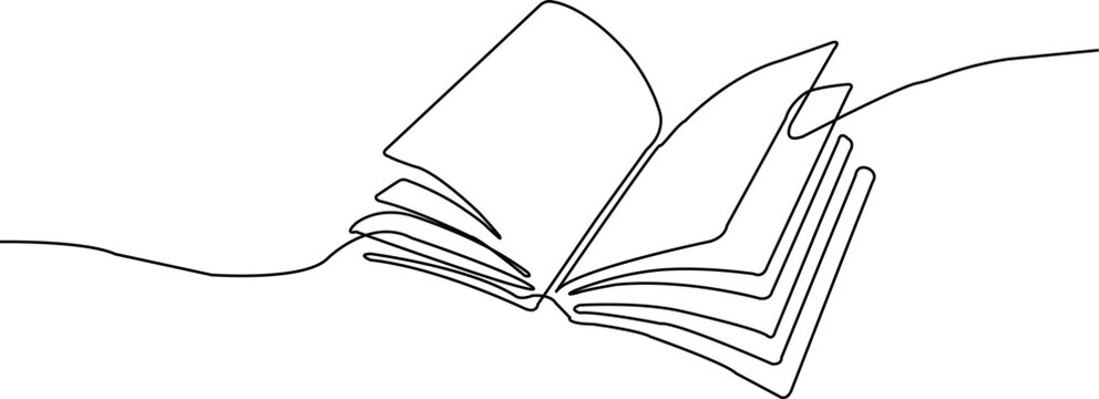 Open book with pages turning drawn in continuous line art style reading