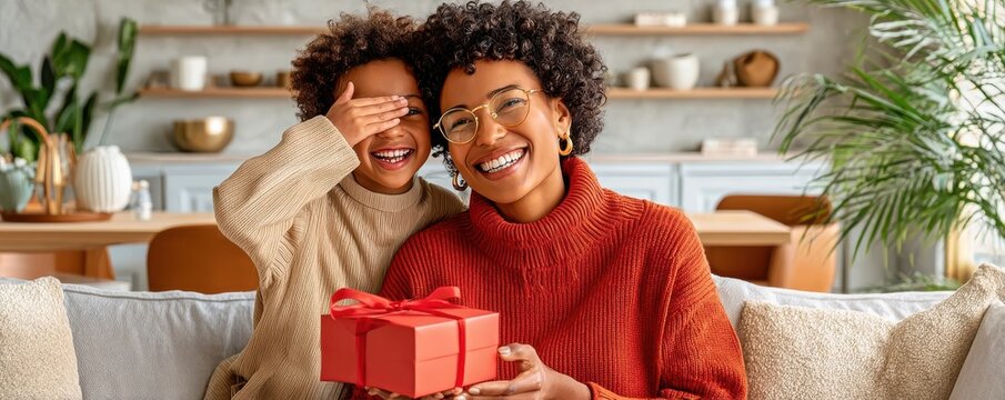 Smiling mother and daughter sharing a surprise gift on a cozy home couch