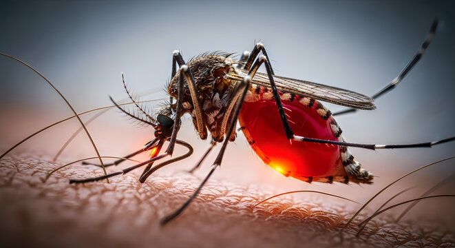 A mosquito feeding on human skin with dramatic lighting effects