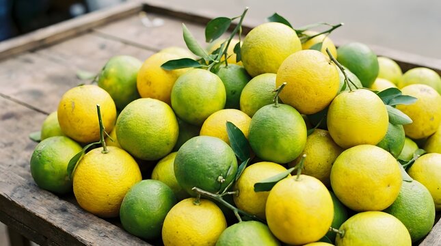 Fresh citrus fruit pile at outdoor market, green and yellow oranges on wooden crate, natural food background