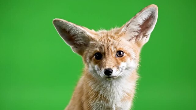 A close-up portrait of an adorable fennec fox with large ears looking directly forward against a vibrant green background.