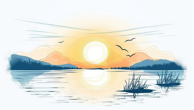 A cute cartoon Style ofA scenic sunrise over a calm lake with mist rising