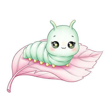 Cute cartoon caterpillar with big eyes on a pink leaf, adorable illustration.