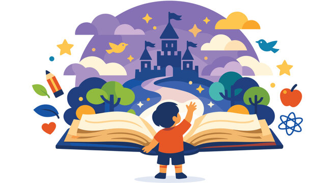 Young child stands before an open book, stepping into a magical world. A castle, stars, and whimsical elements create a sense of wonder and adventure.
