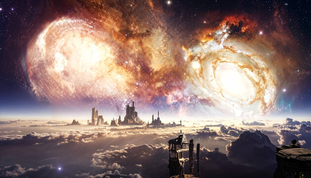 A landscape unfolding in the vast void of the starry sky somewhere in the universe.　とある宇宙のどこかの壮大な星空の虚空に広がる景色