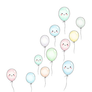 Cute hand-drawn illustration of colorful smiling balloons floating upwards on white background.