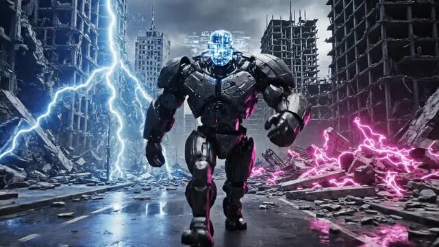 Robot war in ruined city.