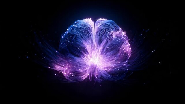 An ethereal, glowing neural network floats in darkness; blue-purple filaments and bright nodes swirl toward a radiant center, evoking digital mind, energy, and connection