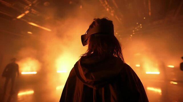 A person wearing a VR headset stands in a hazy, orange-lit room; silhouettes and glowing fixtures surround them, creating a cinematic, tech-forward scene