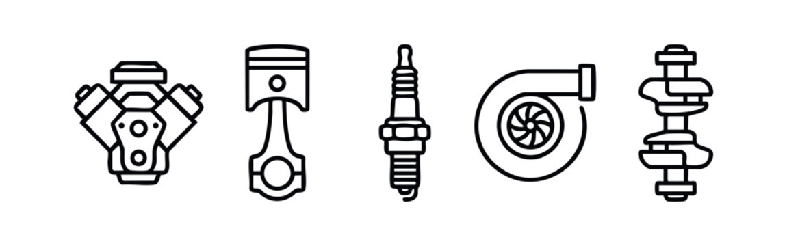 Automotive Engine Components Line Art Icons with Piston Turbo and Spark Plug