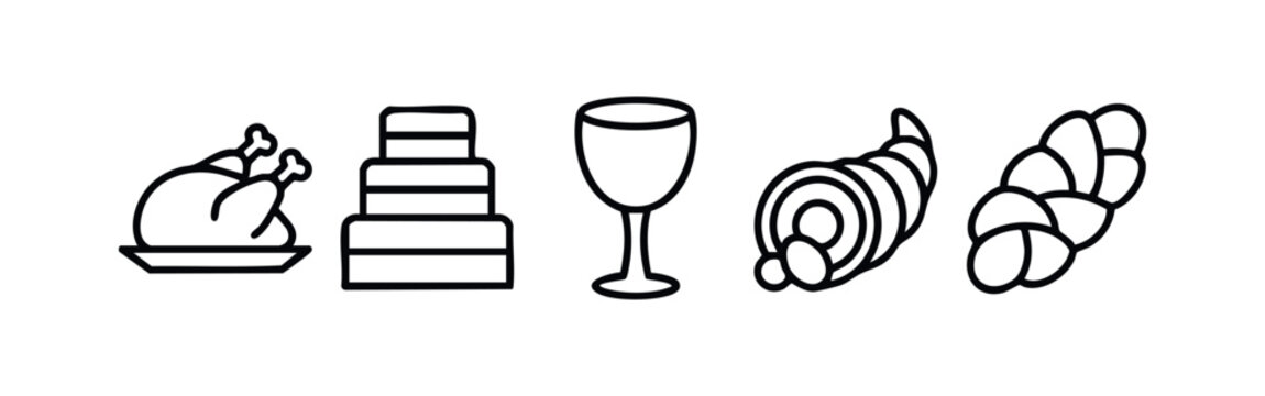 Minimalist Line Icons for Holidays and Festive Dining - Turkey, Cake, Chalice, Cornucopia, and Bread