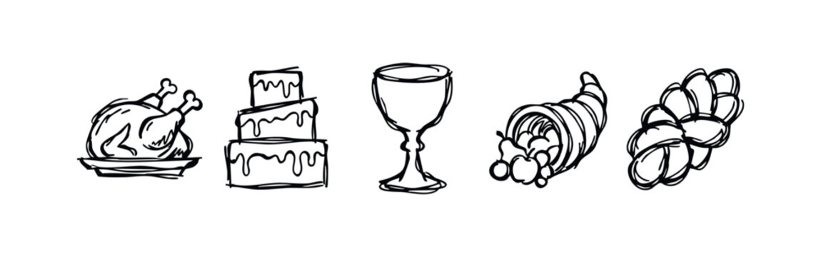 Hand Drawn Festive Food and Celebration Sketches - Roast Turkey, Cake, Chalice, Cornucopia, and Bread