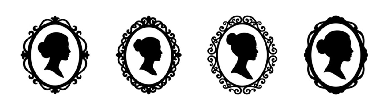 Vintage cameo silhouette portrait vector art featuring ornate frames and elegant women profiles design