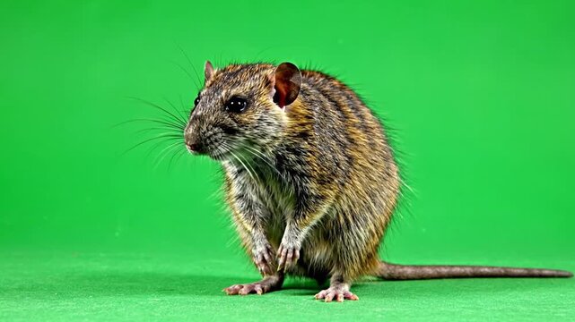 A brown and grey rat stands on its hind legs with front paws raised against a vibrant green background, captured in a studio setting.
