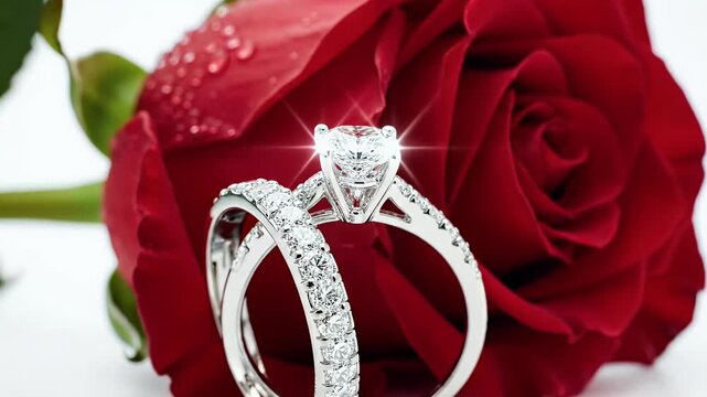 A romantic still life showcases two elegant wedding rings nestled within a vibrant red rose, symbolizing love and commitment against a clean white backdrop.