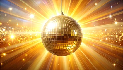 A shiny gold disco ball radiates vibrant light beams