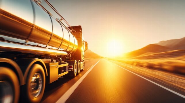 Tanker truck speeding down highway at sunset