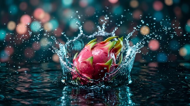 A vibrant pink dragon fruit splashing into cool clear water with a colorful bokeh background