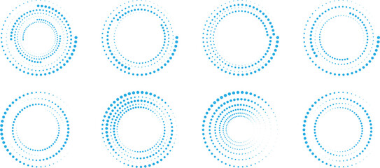 Abstract dotted circular frames set with radial halftone rings in blue gradient. Modern geometric round patterns for technology backgrounds branding and digital interface design elements pack. © Parul