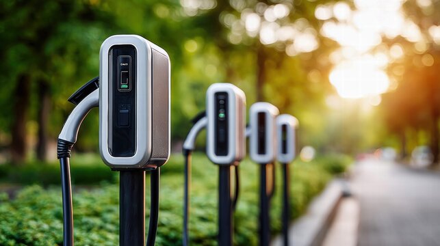 Electric vehicle charging stations in a park on a sunny day