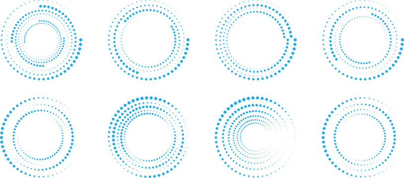 Abstract dotted circular frames set with radial halftone rings in blue gradient. Modern geometric round patterns for technology backgrounds branding and digital interface design elements pack.